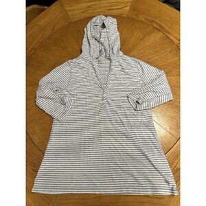 Calvin Klein L gray white striped 3/4 sleeve hooded top w/ v-neck and buttons